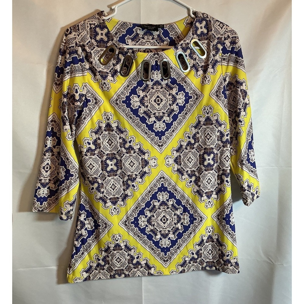 Lavanya Petite Top Womens Size PM - 3/4 Sleeve Bright Yellow Blue Stretch Blouse